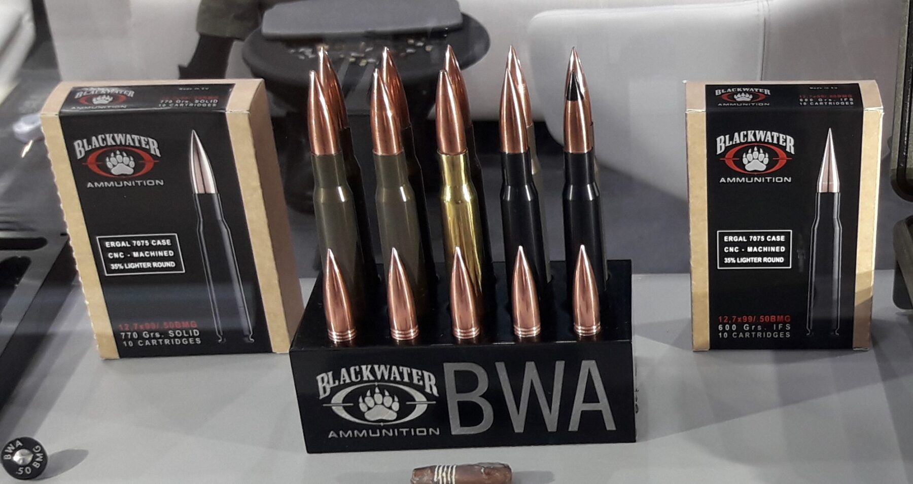 Blackwater Ammunition Aluminiumhülsenmunition im Kaliber 12,7 x 99 mm auf der IWA 2018.