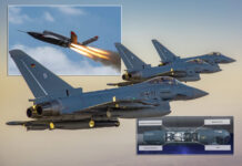 Eurofighter der Luftwaffe mit Litening-POD und Uncrewed Collaborative Combat Aircraft XQ-58A Valkyrie von Kratos