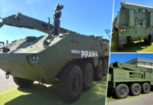 Das europäische Systemhaus General Dynamics European Land Systems (GDELS) zeigt im Rahmen der Rüstungsmesse Eurosatory in Paris erstmals die Bergevariante der 10x10-Radplattform Piranha HMC (Heavy Mission Carrier), auf der ein Bergemodul des norddeutschen Panzerbauers FFG Flensburger Fahrzeugbau Gesellschaft mbH (FFG) integriert ist.
