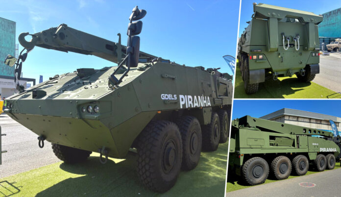 Das europäische Systemhaus General Dynamics European Land Systems (GDELS) zeigt im Rahmen der Rüstungsmesse Eurosatory in Paris erstmals die Bergevariante der 10x10-Radplattform Piranha HMC (Heavy Mission Carrier), auf der ein Bergemodul des norddeutschen Panzerbauers FFG Flensburger Fahrzeugbau Gesellschaft mbH (FFG) integriert ist.