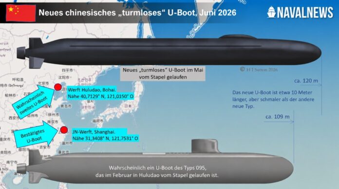 Das neue U-Boot, das in Shanghai vom Stapel lief, fällt durch seinen ungewöhnlich kleinen Turm auf. Ein leichter Vorsprung ist jedoch noch zu erkennen.