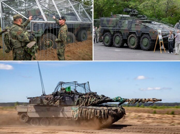 Das Deutsche Heer hat in den vergangenen Wochen mehrere Bilder veröffentlicht, die unterschiedliche Gefechtsfahrzeuge der Bundeswehr mit „improvisierten“ Schutzkäfigen und -netzen gegen die Drohnenbedrohung zeigen und offenbar Bestandteil einer offiziell freigegebenen Testkampagne der Truppe sind.