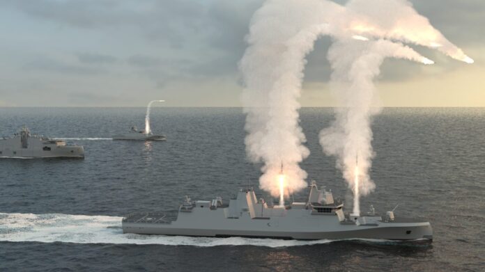 Mit über 6.000 t Verdrängung soll die neue GMF140 (Guided Missile Frigate) von Rheinmetall eine Bewaffnung bestehend u. a. aus 64-VLS-Zellen, Seezielflugkörpern, Torpedowerfern, 5-Zoll-Hauptgeschütz und Laserwaffensystem aufweisen.