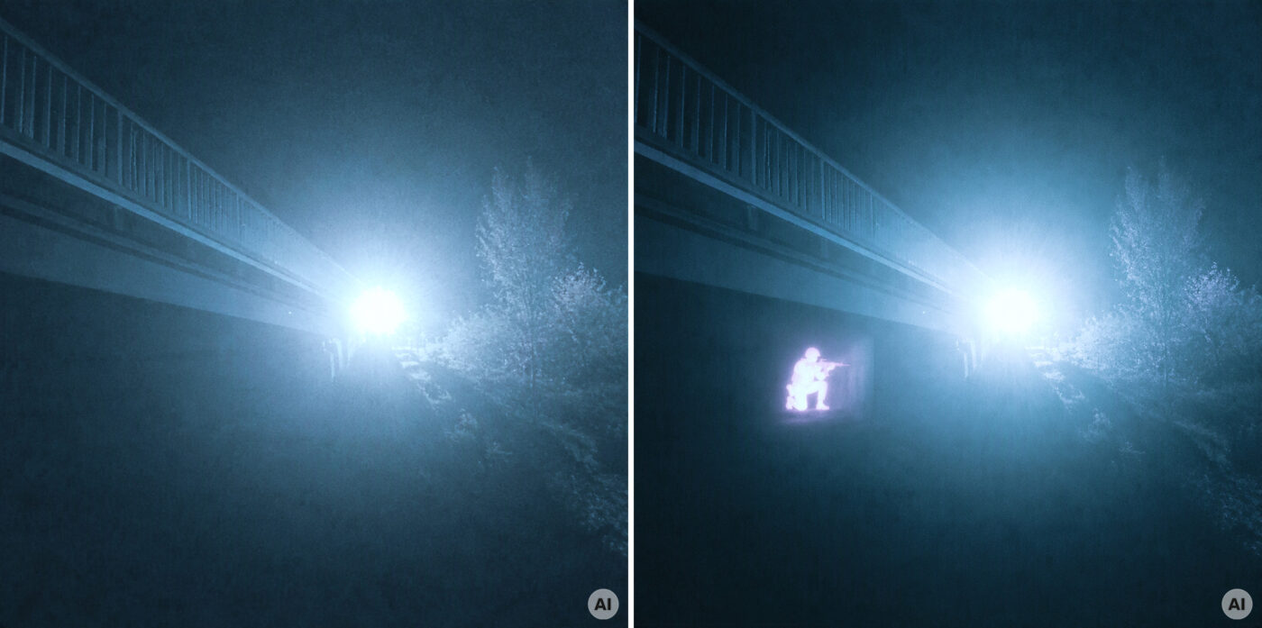 Beispielhafte Darstellung einer Aufnahme mit Restlichtverstärker (links). Die starke Gegenlichtquelle sorgt für ein unklares Lagebild. Die Kombination von Restlichtverstärker und WBG Clip on (rechts) bieten hier einen klaren Vorteil, um Objekte hinter der photonischen Barriere zu identifizieren.